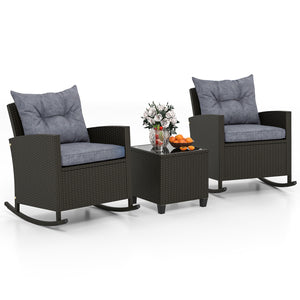 3-Piece Patio Rattan Roker Chairs with Tempered Glass Table and Soft Cushions-Dark Gray view 4