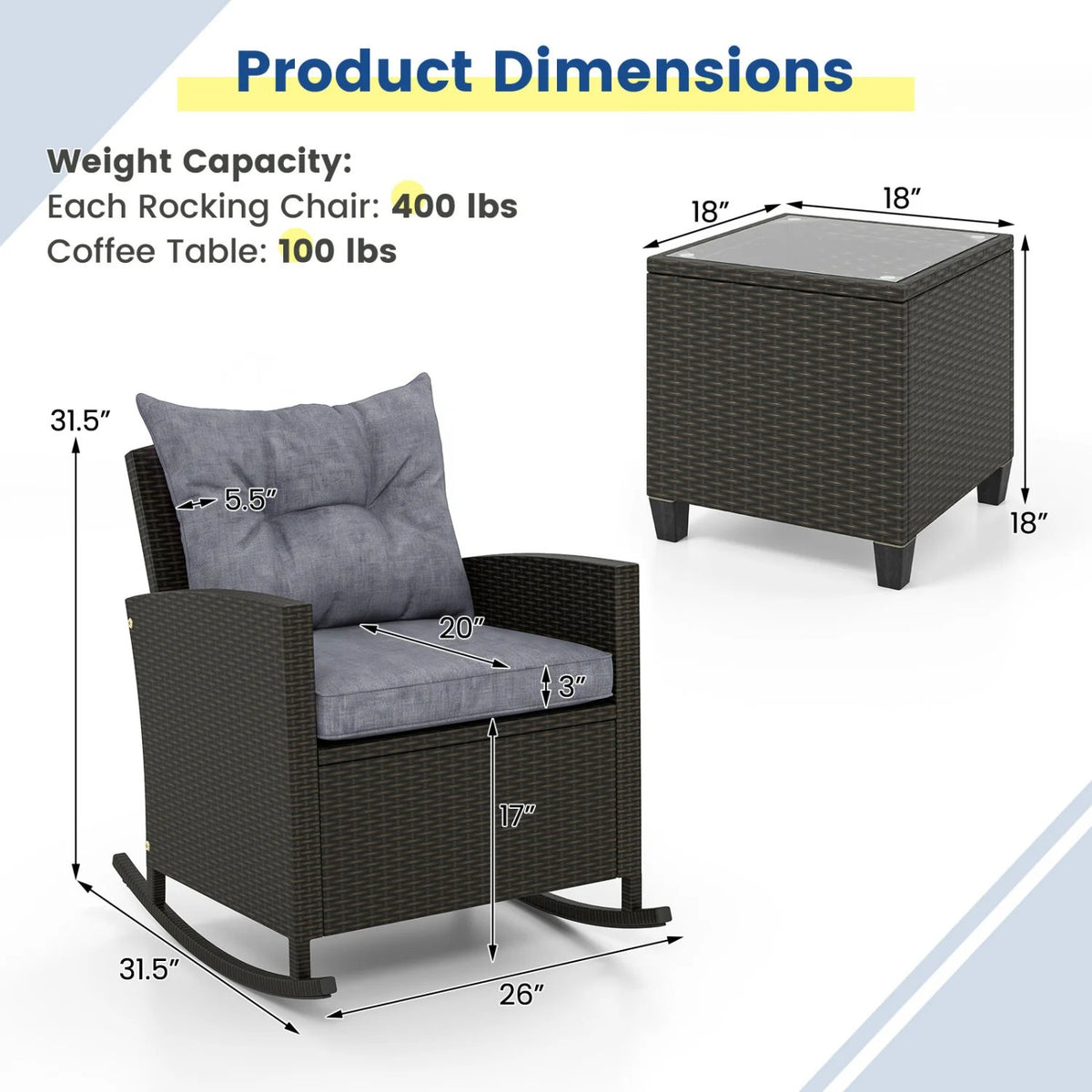 3-Piece Patio Rattan Roker Chairs with Tempered Glass Table and Soft Cushions-Dark Gray view 5