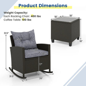 3-Piece Patio Rattan Roker Chairs with Tempered Glass Table and Soft Cushions-Dark Gray view 5
