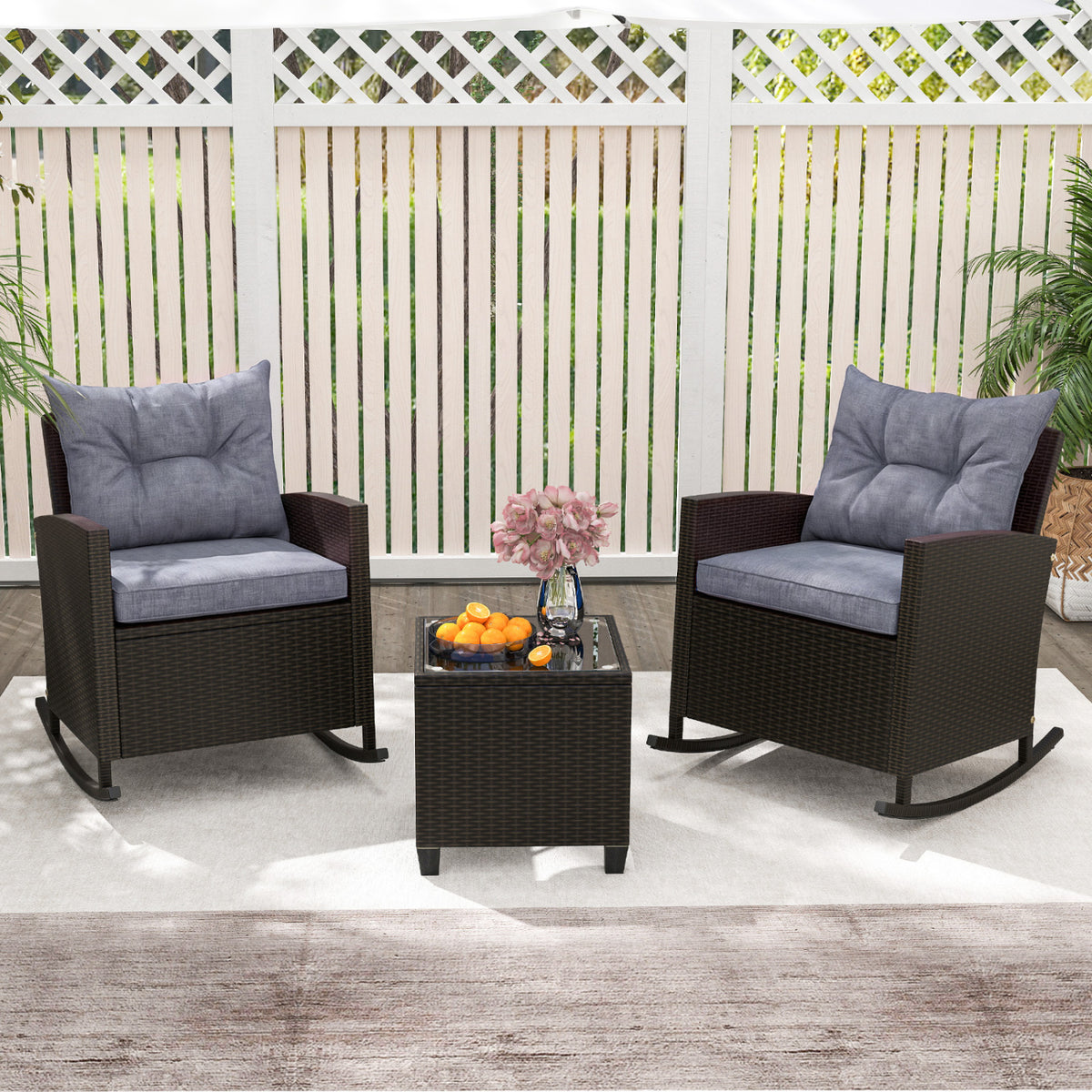 3-Piece Patio Rattan Roker Chairs with Tempered Glass Table and Soft Cushions-Dark Gray view 6