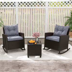 3-Piece Patio Rattan Roker Chairs with Tempered Glass Table and Soft Cushions-Dark Gray view 6