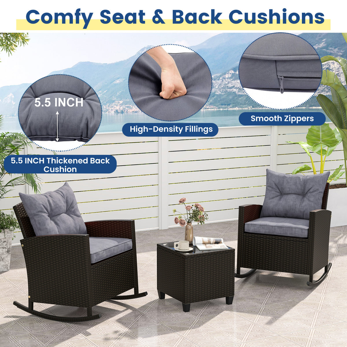3-Piece Patio Rattan Roker Chairs with Tempered Glass Table and Soft Cushions-Dark Gray view 8