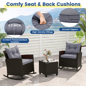 3-Piece Patio Rattan Roker Chairs with Tempered Glass Table and Soft Cushions-Dark Gray view 8