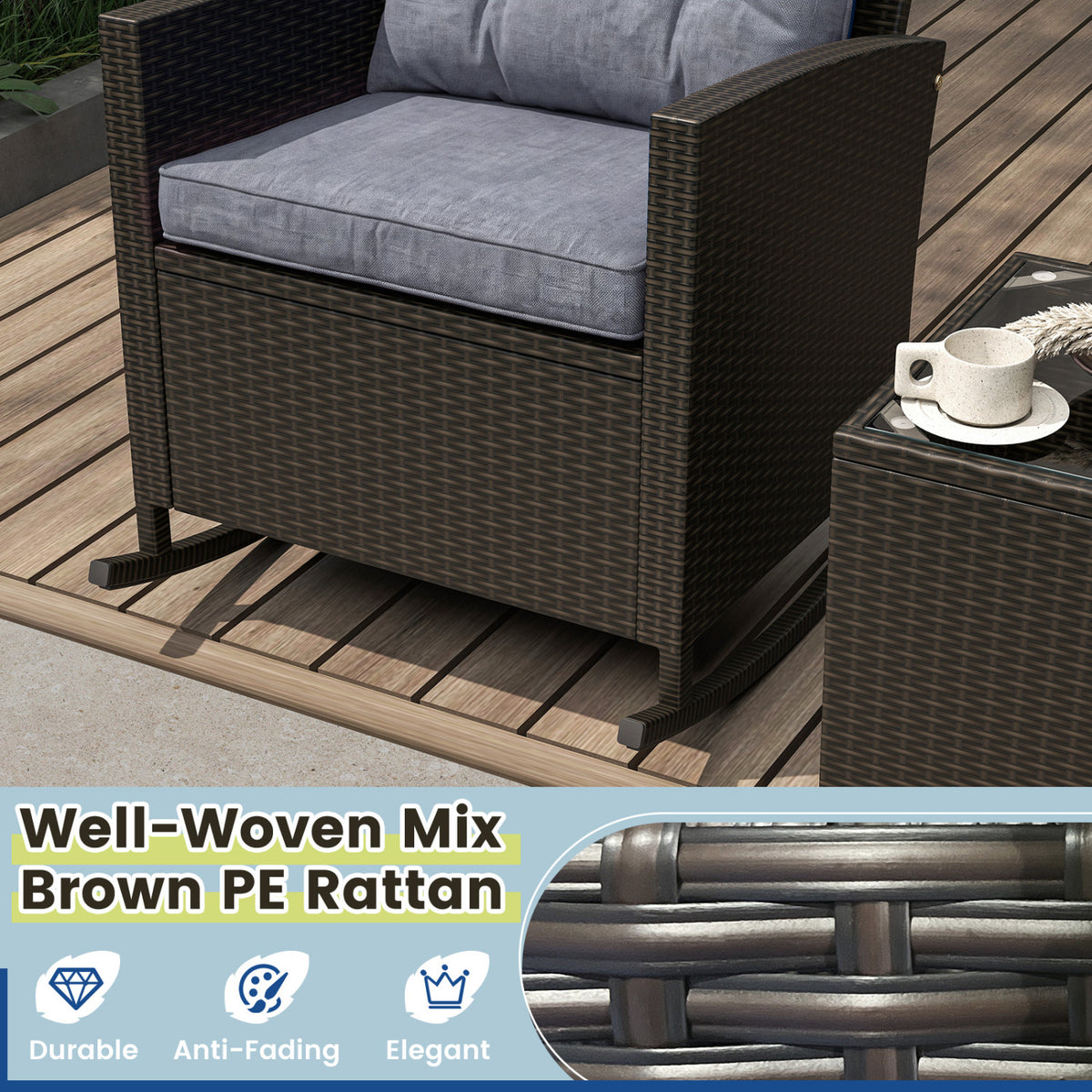 3-Piece Patio Rattan Roker Chairs with Tempered Glass Table and Soft Cushions-Dark Gray view 9