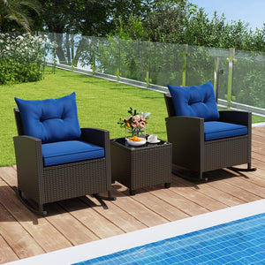 3-Piece Patio Rattan Roker Chairs with Tempered Glass Table and Soft Cushions-Navy view 2