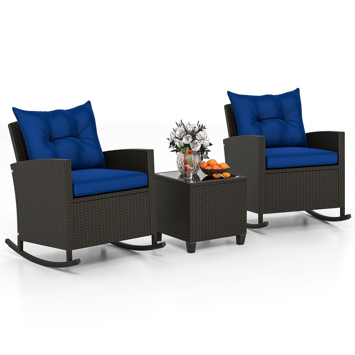 3-Piece Patio Rattan Roker Chairs with Tempered Glass Table and Soft Cushions-Navy view 4