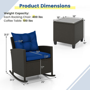 3-Piece Patio Rattan Roker Chairs with Tempered Glass Table and Soft Cushions-Navy view 5