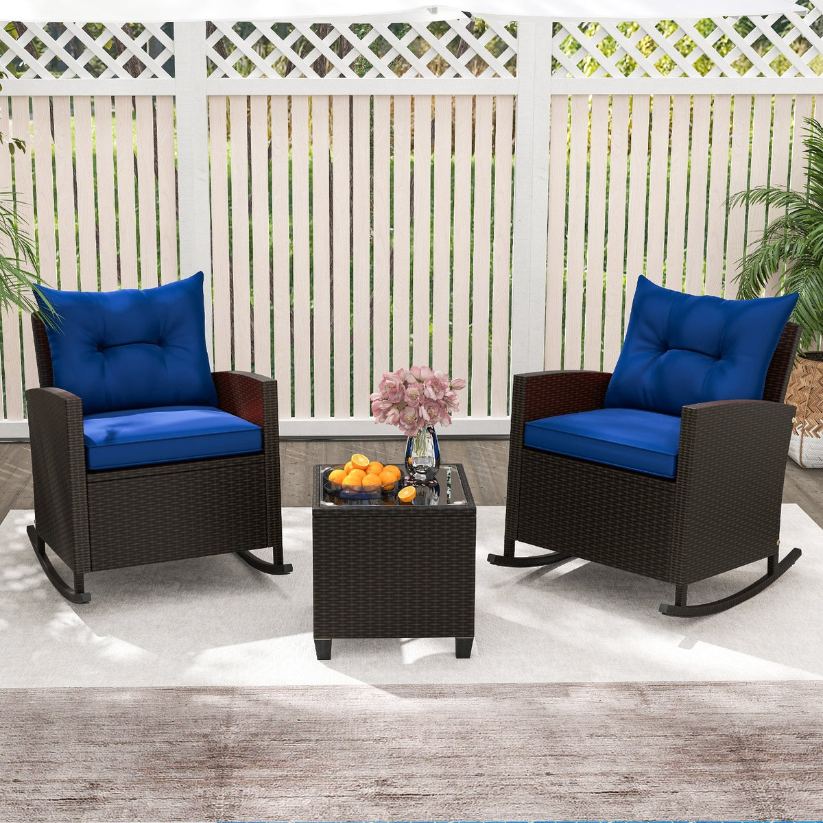 3-Piece Patio Rattan Roker Chairs with Tempered Glass Table and Soft Cushions-Navy view 6