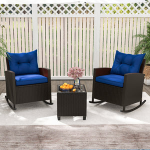 3-Piece Patio Rattan Roker Chairs with Tempered Glass Table and Soft Cushions-Navy view 6