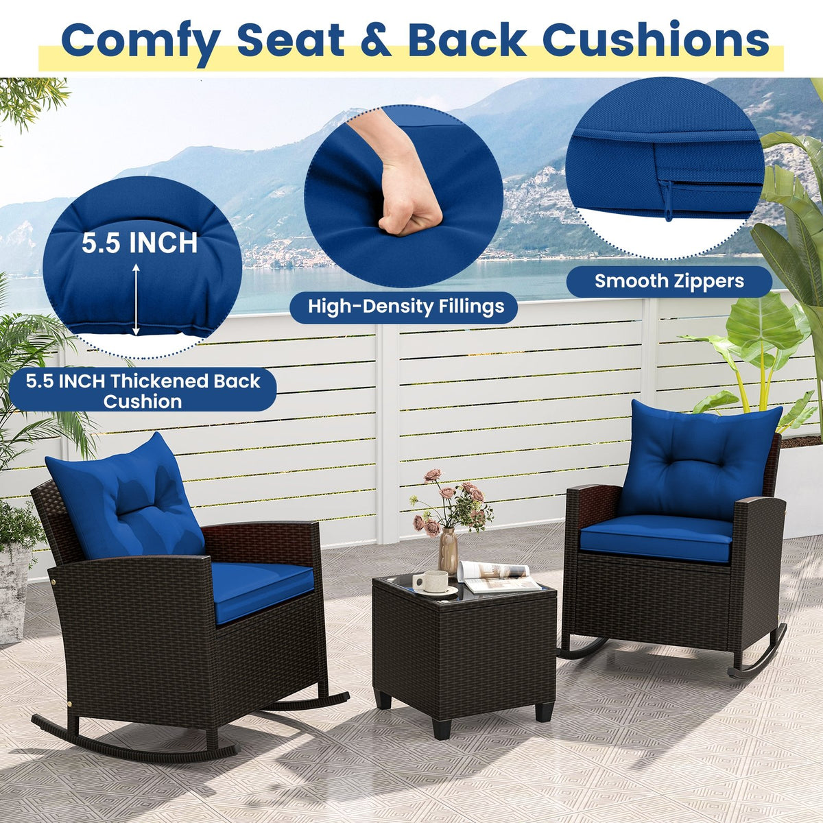 3-Piece Patio Rattan Roker Chairs with Tempered Glass Table and Soft Cushions-Navy view 7