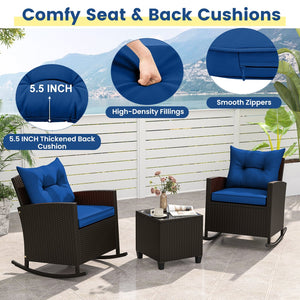 3-Piece Patio Rattan Roker Chairs with Tempered Glass Table and Soft Cushions-Navy view 7