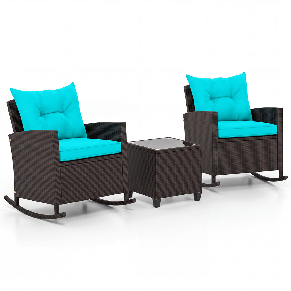 3-Piece Patio Rattan Roker Chairs with Tempered Glass Table and Soft Cushions-Turquoise