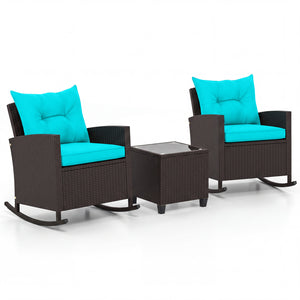 3-Piece Patio Rattan Roker Chairs with Tempered Glass Table and Soft Cushions-Turquoise