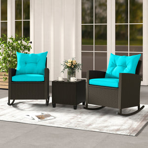 3-Piece Patio Rattan Roker Chairs with Tempered Glass Table and Soft Cushions-Turquoise view 2