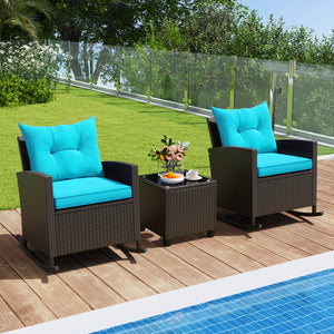 3-Piece Patio Rattan Roker Chairs with Tempered Glass Table and Soft Cushions-Turquoise view 3
