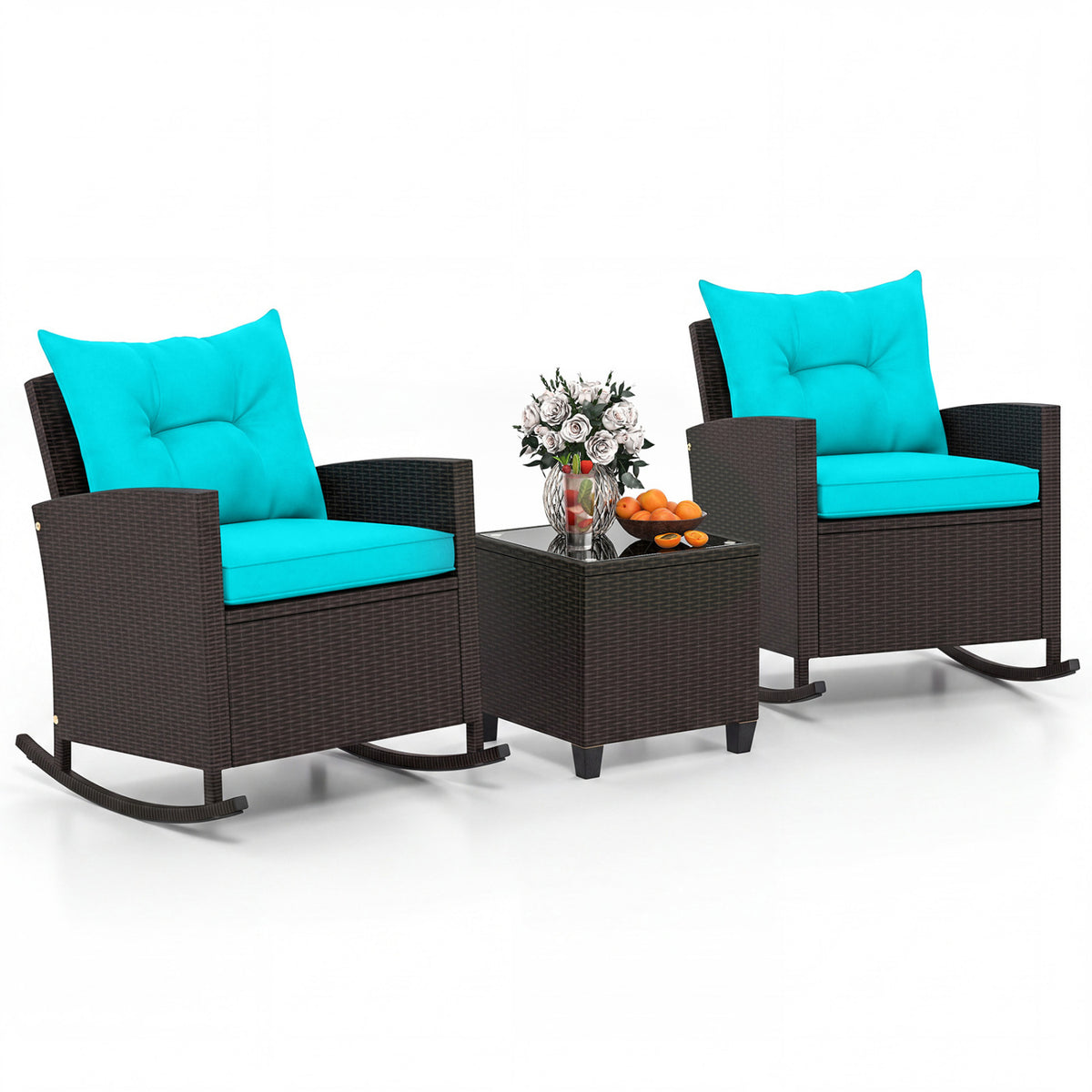 3-Piece Patio Rattan Roker Chairs with Tempered Glass Table and Soft Cushions-Turquoise view 4
