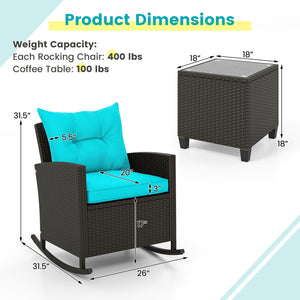 3-Piece Patio Rattan Roker Chairs with Tempered Glass Table and Soft Cushions-Turquoise view 5