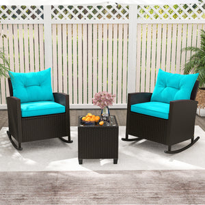 3-Piece Patio Rattan Roker Chairs with Tempered Glass Table and Soft Cushions-Turquoise view 6