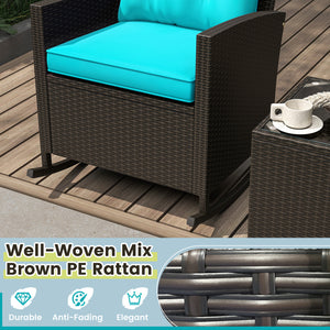3-Piece Patio Rattan Roker Chairs with Tempered Glass Table and Soft Cushions-Turquoise view 8