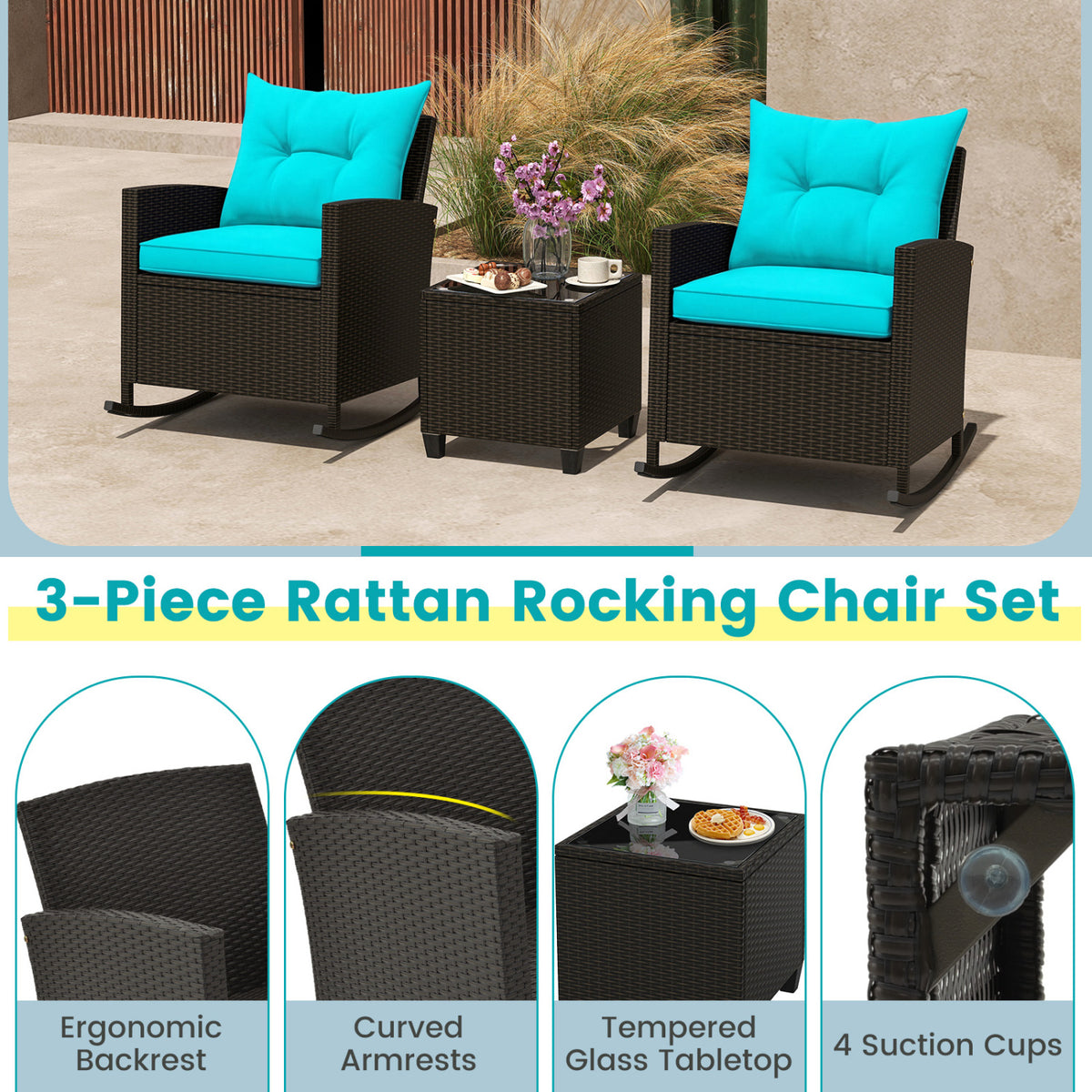3-Piece Patio Rattan Roker Chairs with Tempered Glass Table and Soft Cushions-Turquoise view 9