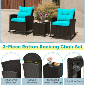 3-Piece Patio Rattan Roker Chairs with Tempered Glass Table and Soft Cushions-Turquoise view 9