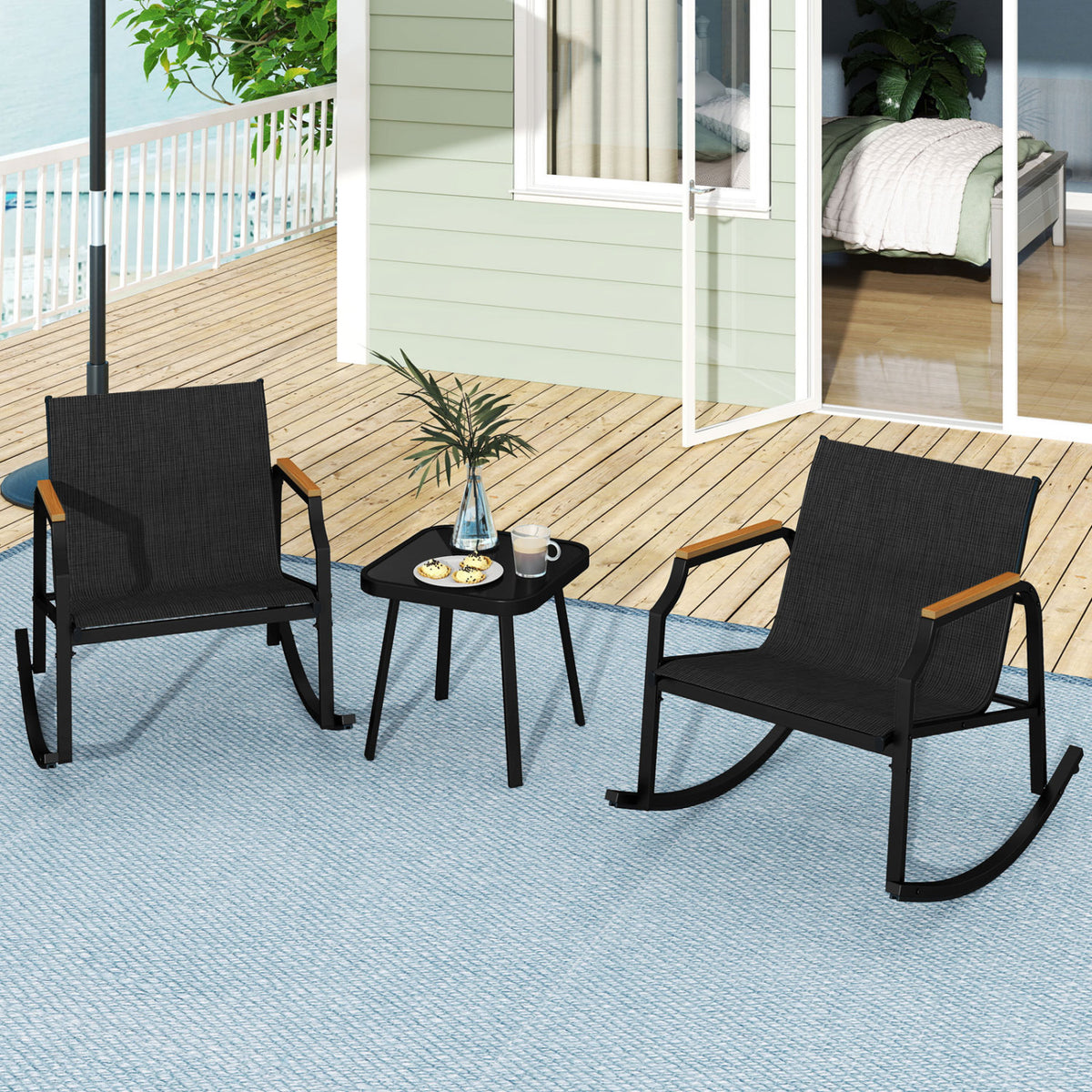 3 Piece Patio Rocking Bistro Set with Tempered Glass Coffee Table and Armrests for Porch-Black view 2