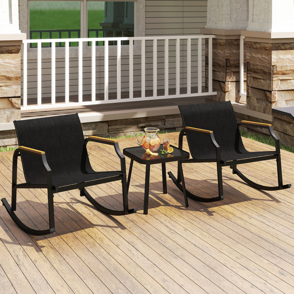 3 Piece Patio Rocking Bistro Set with Tempered Glass Coffee Table and Armrests for Porch-Black view 3