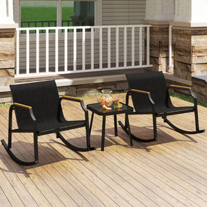 3 Piece Patio Rocking Bistro Set with Tempered Glass Coffee Table and Armrests for Porch-Black view 3