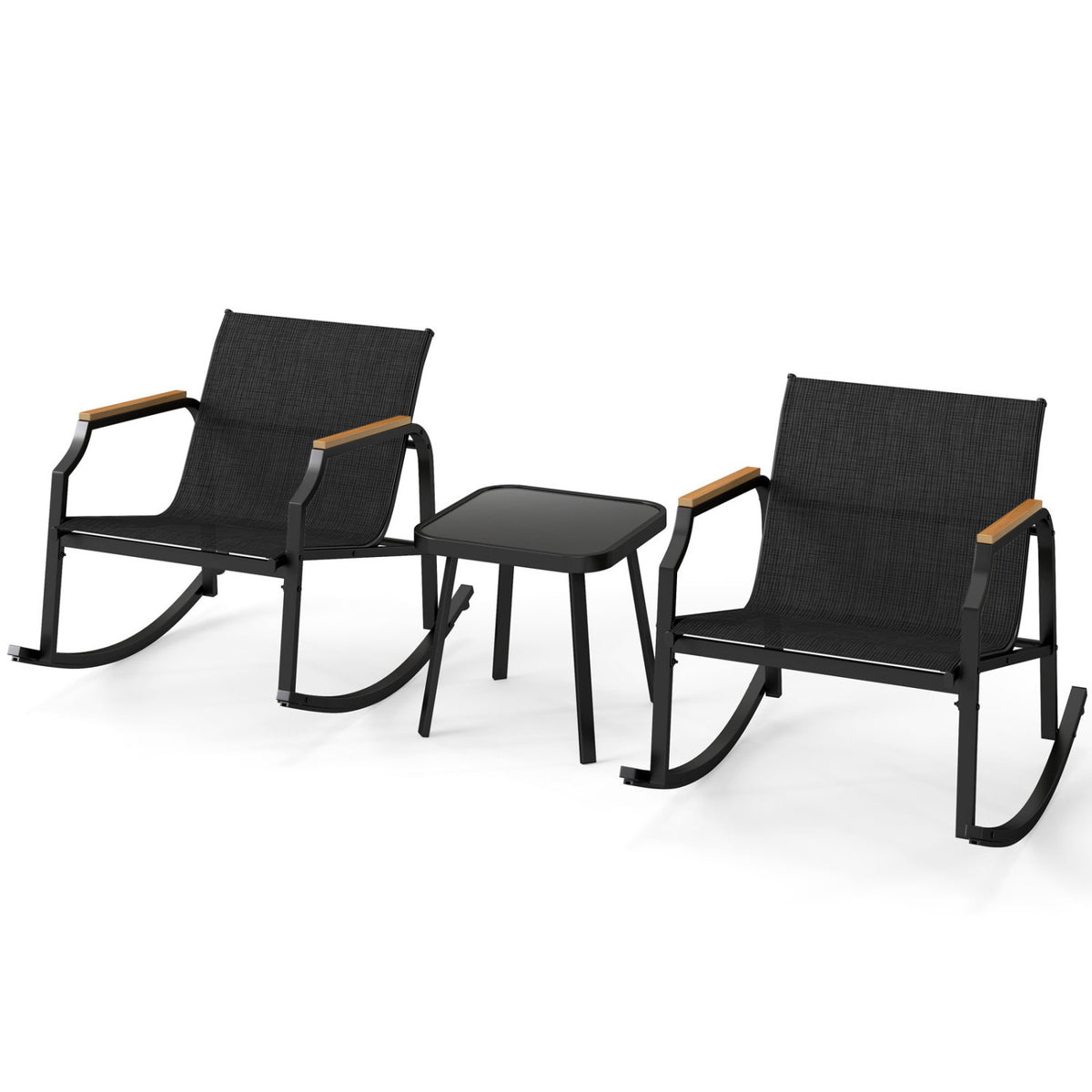 3 Piece Patio Rocking Bistro Set with Tempered Glass Coffee Table and Armrests for Porch-Black view 4