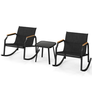 3 Piece Patio Rocking Bistro Set with Tempered Glass Coffee Table and Armrests for Porch-Black view 4