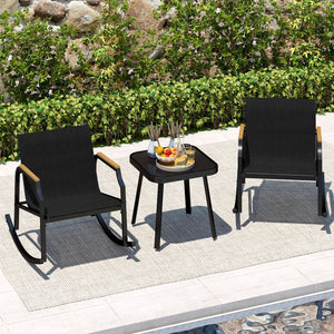 3 Piece Patio Rocking Bistro Set with Tempered Glass Coffee Table and Armrests for Porch-Black view 6