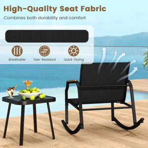 3 Piece Patio Rocking Bistro Set with Tempered Glass Coffee Table and Armrests for Porch-Black view 7