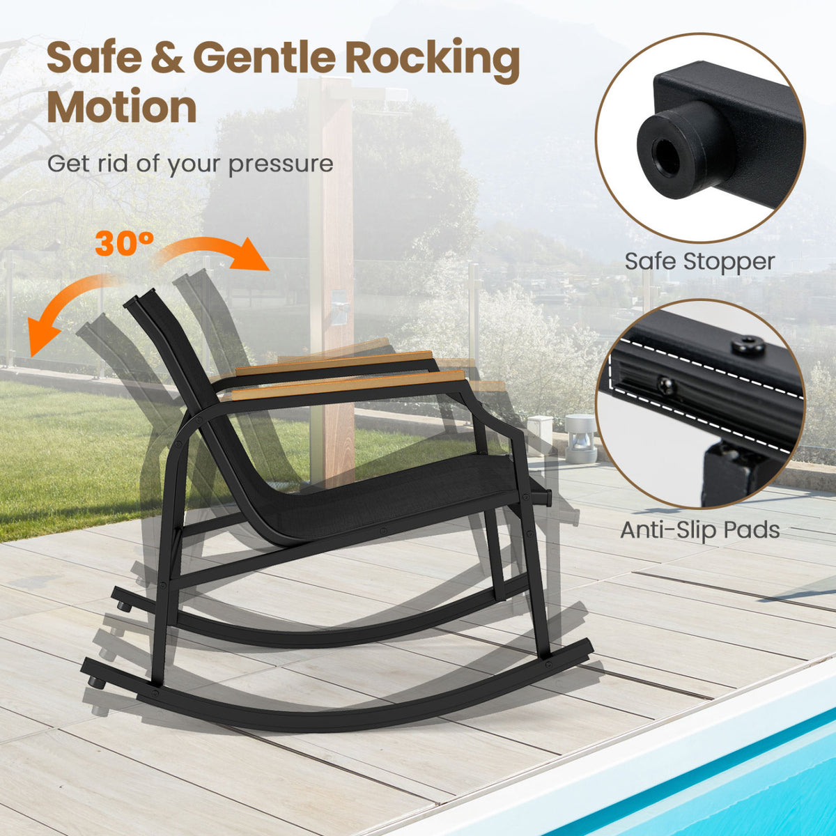 3 Piece Patio Rocking Bistro Set with Tempered Glass Coffee Table and Armrests for Porch-Black view 8