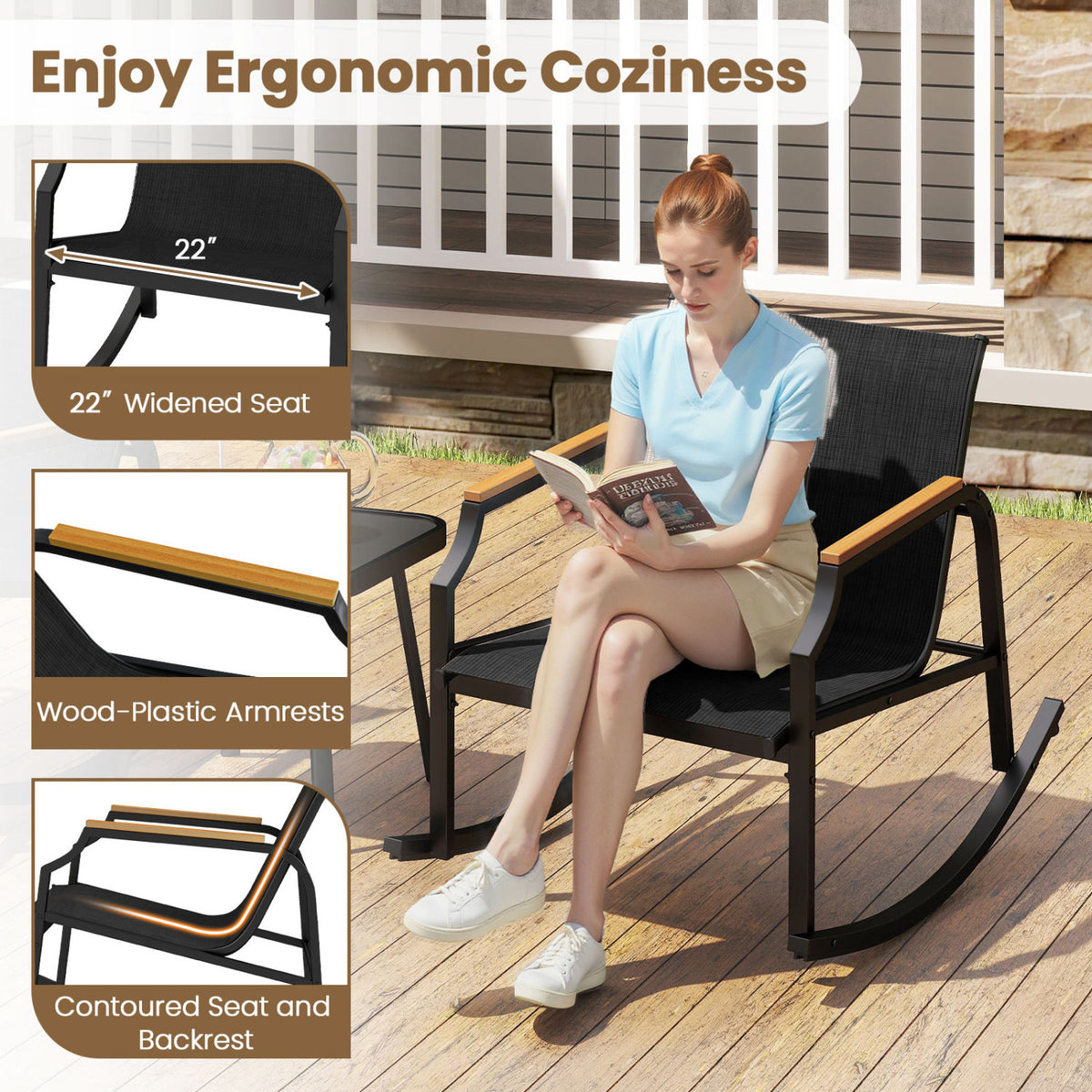 3 Piece Patio Rocking Bistro Set with Tempered Glass Coffee Table and Armrests for Porch-Black view 9