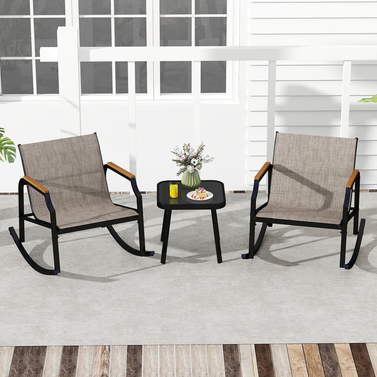3 Piece Patio Rocking Bistro Set with Tempered Glass Coffee Table and Armrests for Porch-Brown view 2