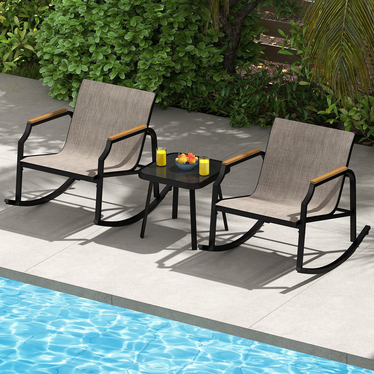 3 Piece Patio Rocking Bistro Set with Tempered Glass Coffee Table and Armrests for Porch-Brown view 3