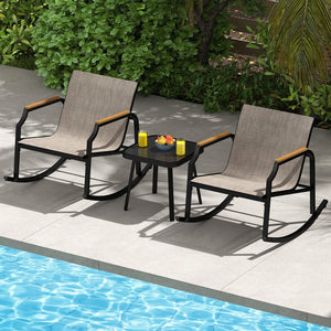 3 Piece Patio Rocking Bistro Set with Tempered Glass Coffee Table and Armrests for Porch-Brown view 3