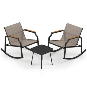 3 Piece Patio Rocking Bistro Set with Tempered Glass Coffee Table and Armrests for Porch-Brown view 4