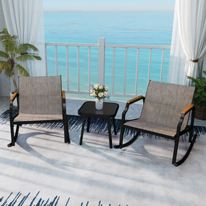 3 Piece Patio Rocking Bistro Set with Tempered Glass Coffee Table and Armrests for Porch-Brown view 6