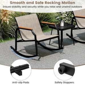 3 Piece Patio Rocking Bistro Set with Tempered Glass Coffee Table and Armrests for Porch-Brown view 8