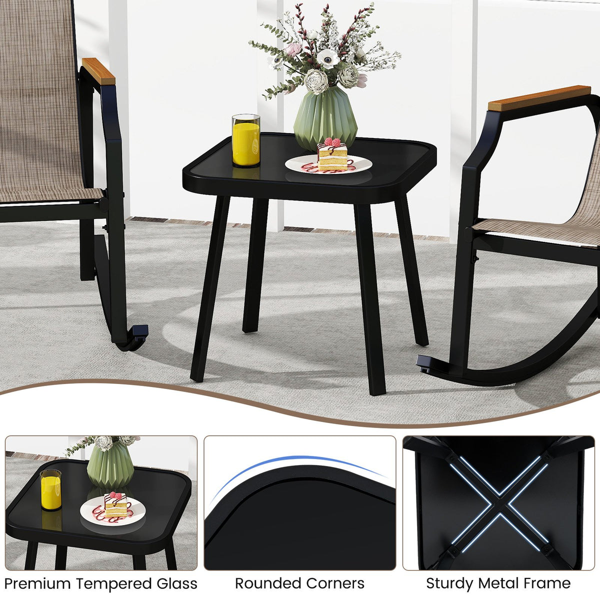 3 Piece Patio Rocking Bistro Set with Tempered Glass Coffee Table and Armrests for Porch-Brown view 9