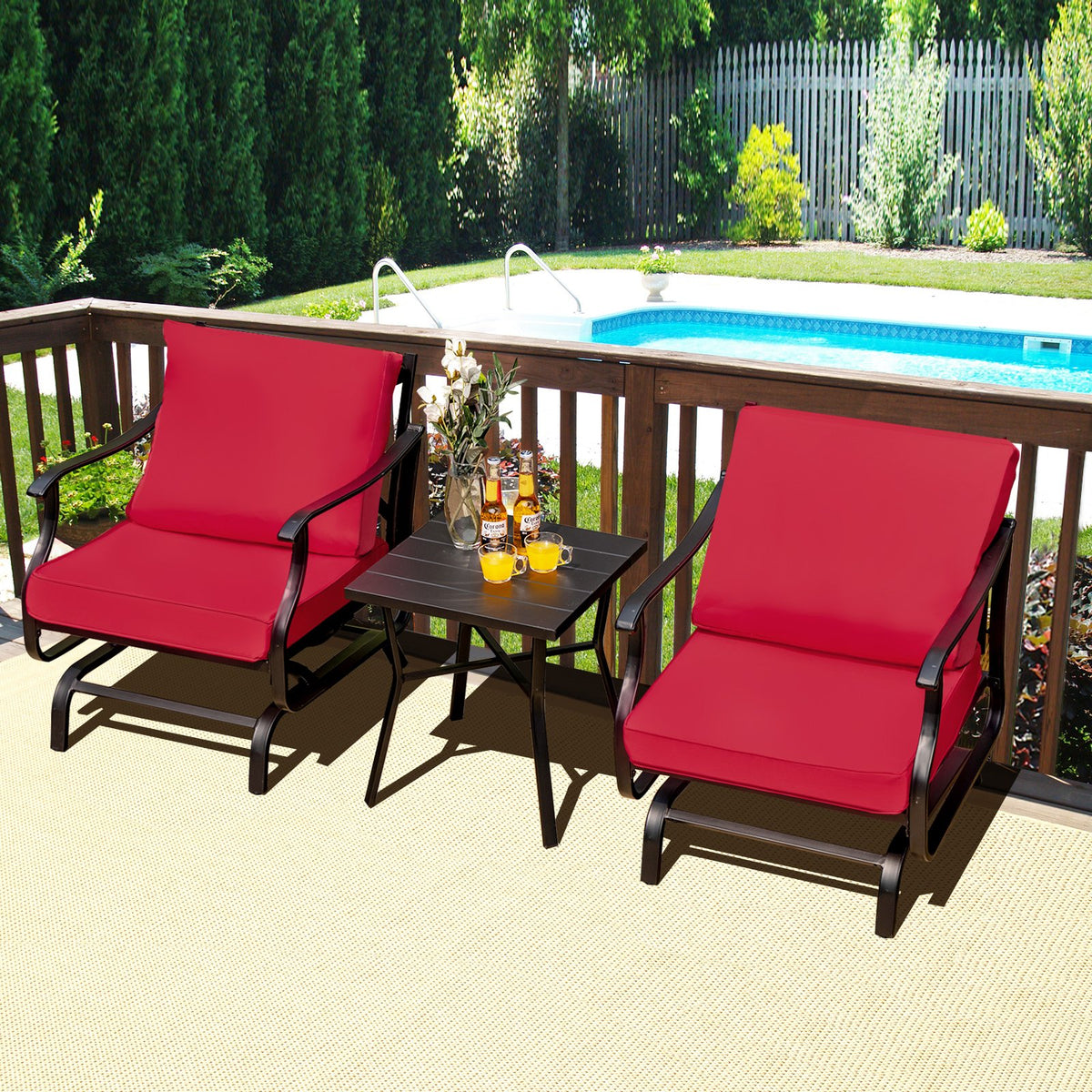 3 Piece Patio Rocking Chair Set with Coffee Table-Red view 2