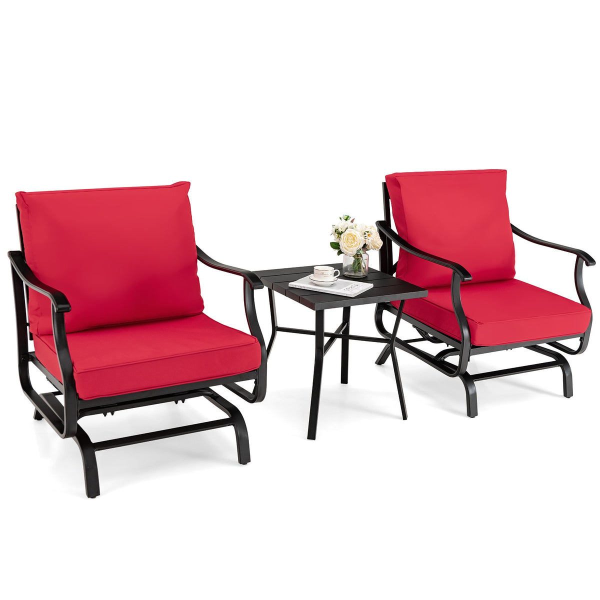 3 Piece Patio Rocking Chair Set with Coffee Table-Red view 4