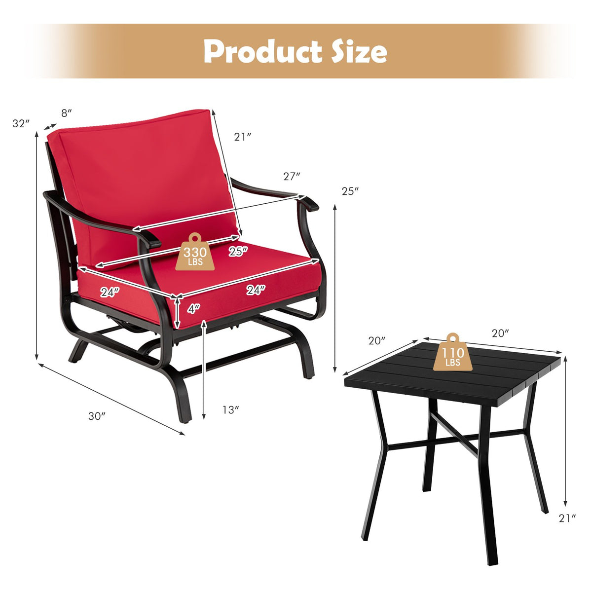 3 Piece Patio Rocking Chair Set with Coffee Table-Red view 5