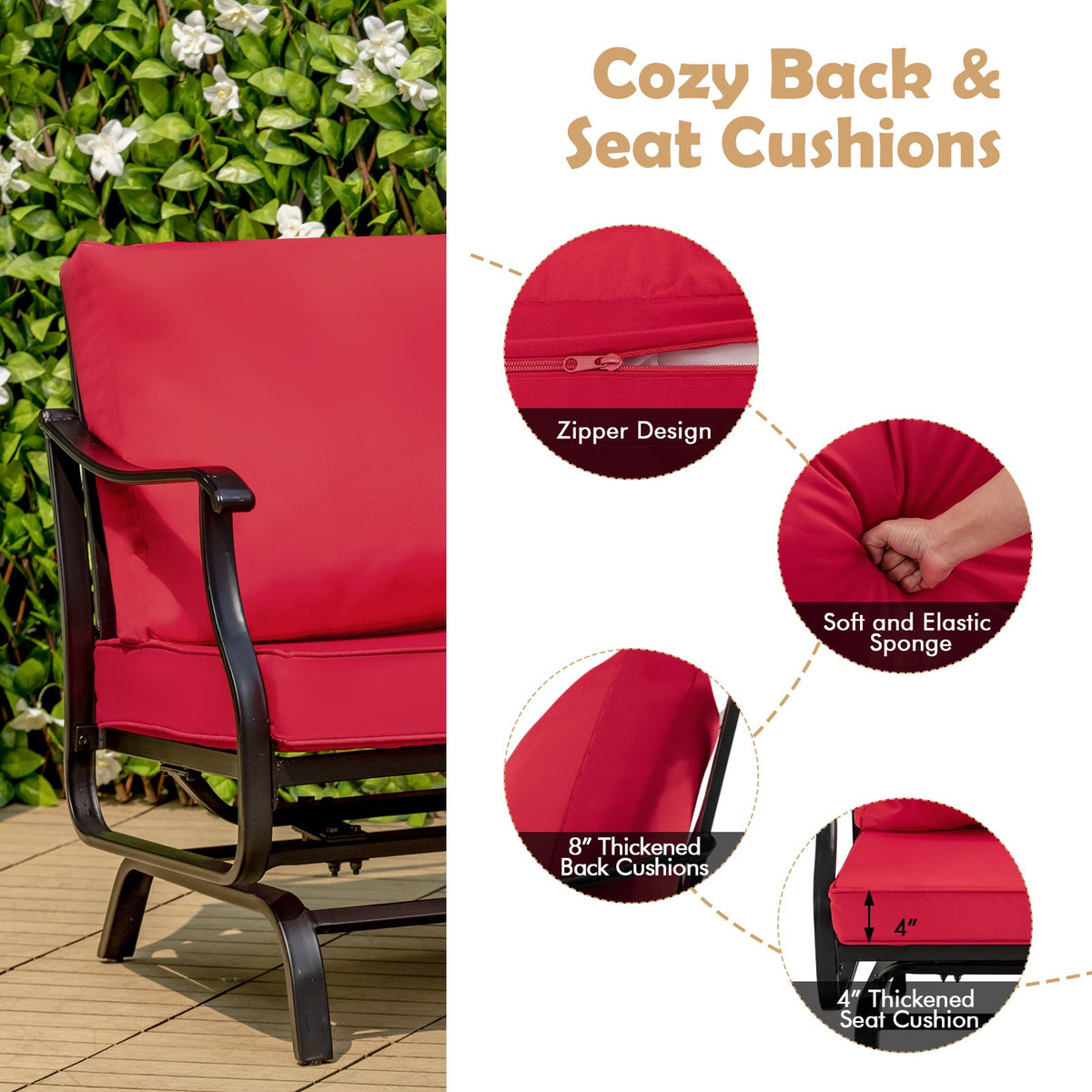 3 Piece Patio Rocking Chair Set with Coffee Table-Red view 7