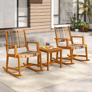 3 Piece Patio Rocking Set Acacia Wood Rocker Bistro Set with Rattan Seat and Back view 2
