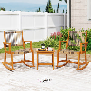 3 Piece Patio Rocking Set Acacia Wood Rocker Bistro Set with Rattan Seat and Back view 3