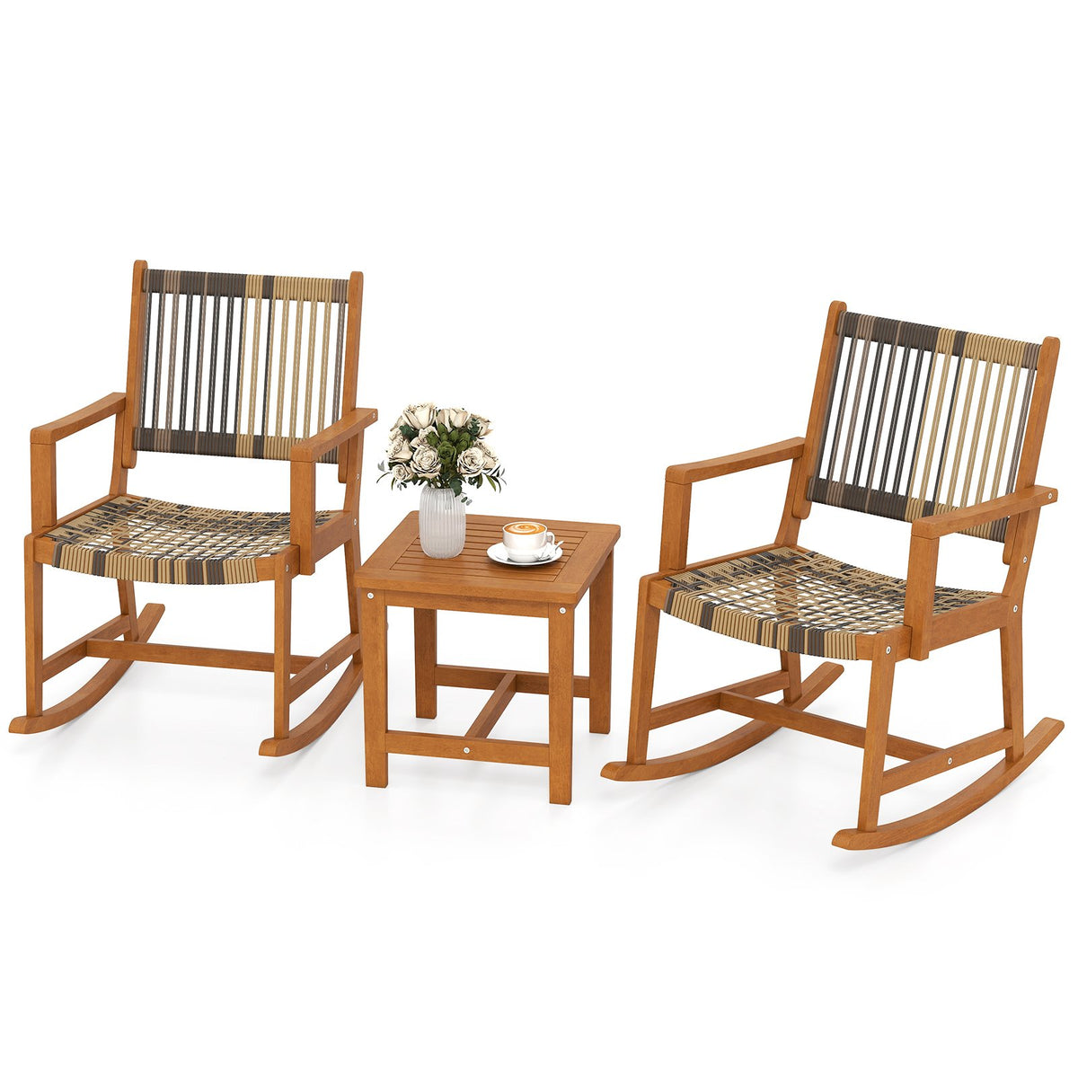 3 Piece Patio Rocking Set Acacia Wood Rocker Bistro Set with Rattan Seat and Back view 4