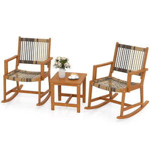 3 Piece Patio Rocking Set Acacia Wood Rocker Bistro Set with Rattan Seat and Back view 4