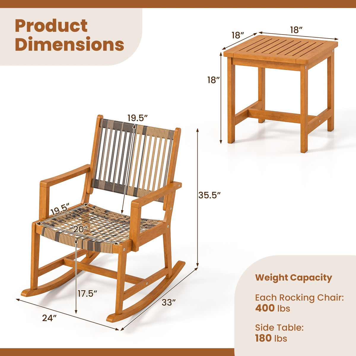 3 Piece Patio Rocking Set Acacia Wood Rocker Bistro Set with Rattan Seat and Back view 5